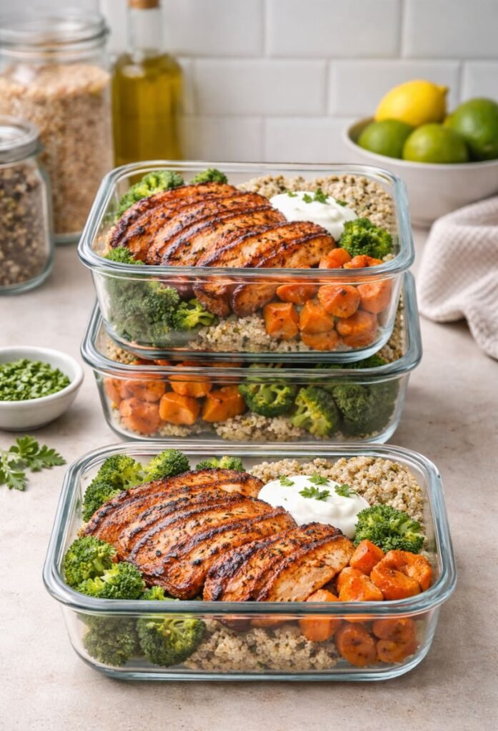 Chipotle chicken meal prep containers with organized food storage
