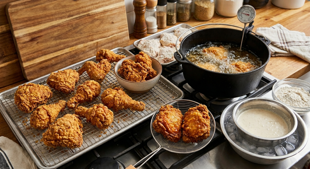 "extra crispy fried chicken texture close up"