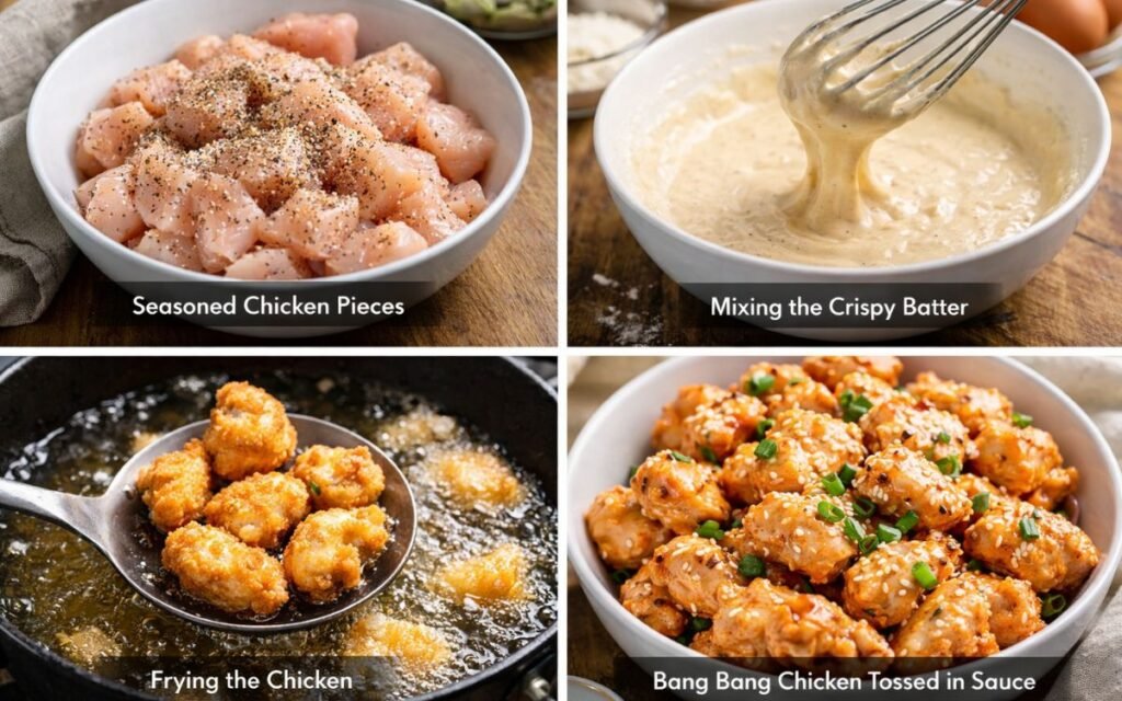 Step 1: preparing chicken strips for bang bang
Step 2: coating chicken with batter
Step 3: frying chicken until crispy
Step 4: tossing fried chicken in bang bang sauce
Step 5: plated crispy bang bang chicken