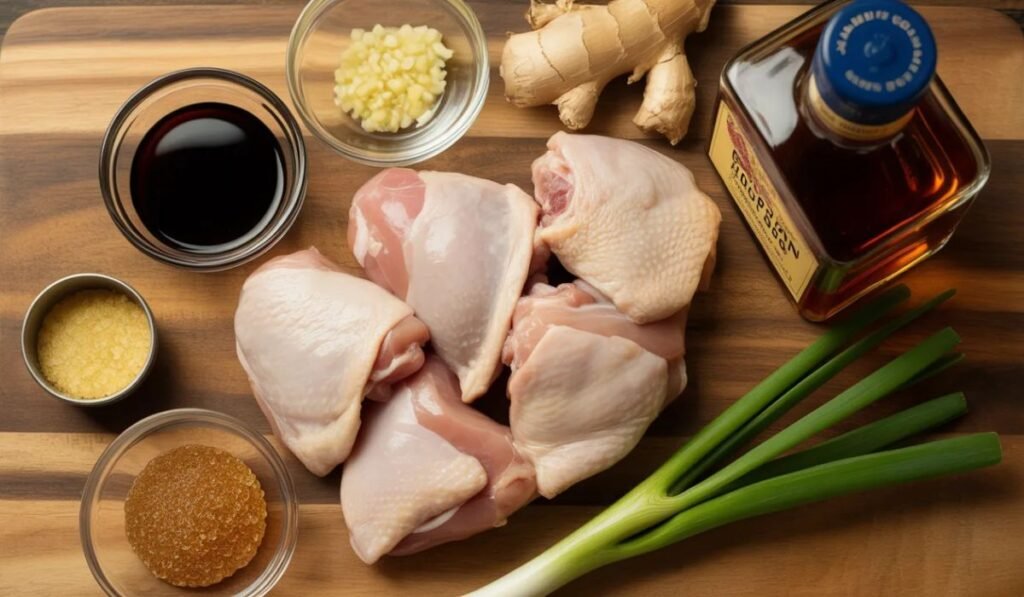 Ingredients for bourbon chicken including chicken soy sauce garlic and brown sugar