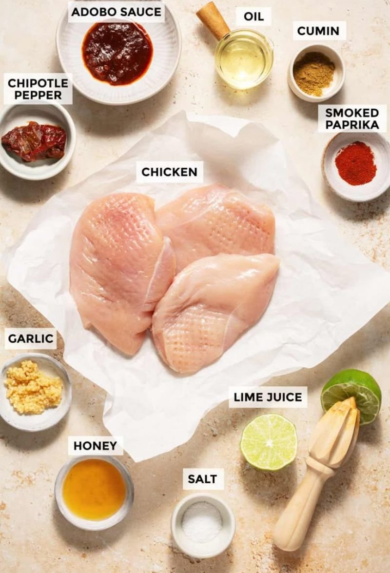 All ingredients used in chipotle chicken flat lay