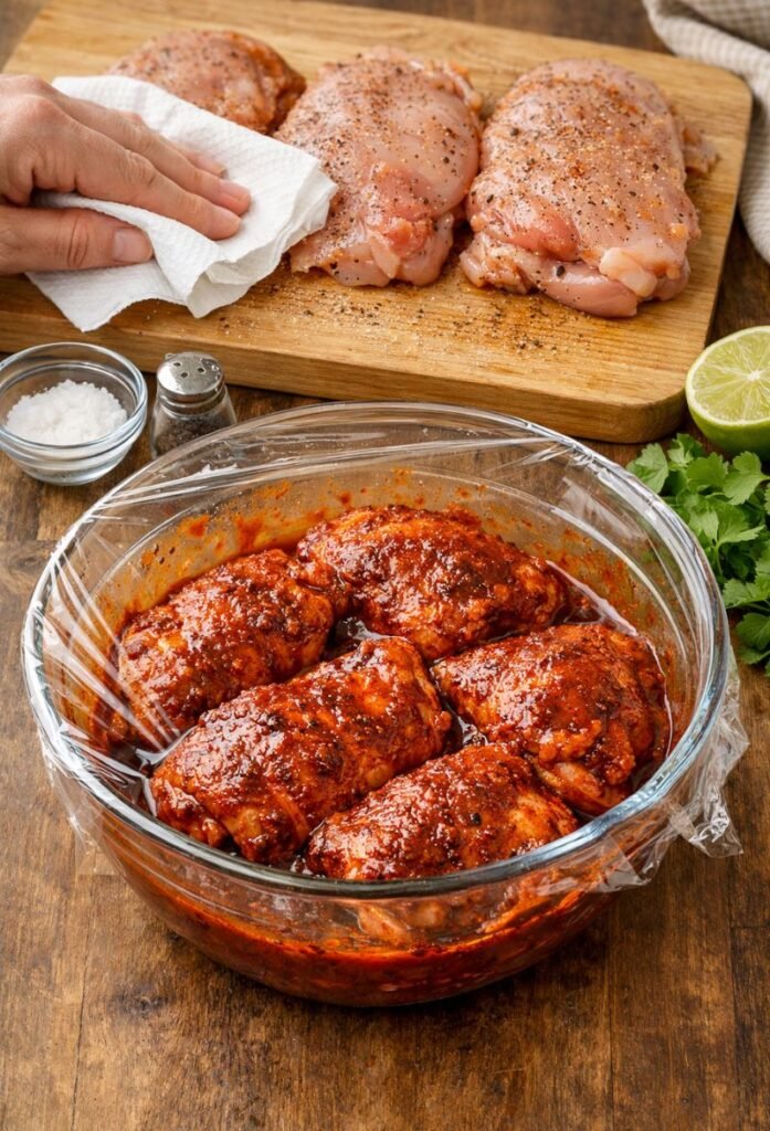 Raw chicken mixed with chipotle marinade in bowl