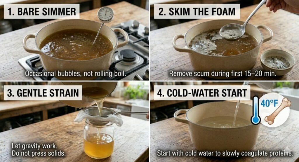 Clear chicken broth compared to cloudy broth in glass bowls