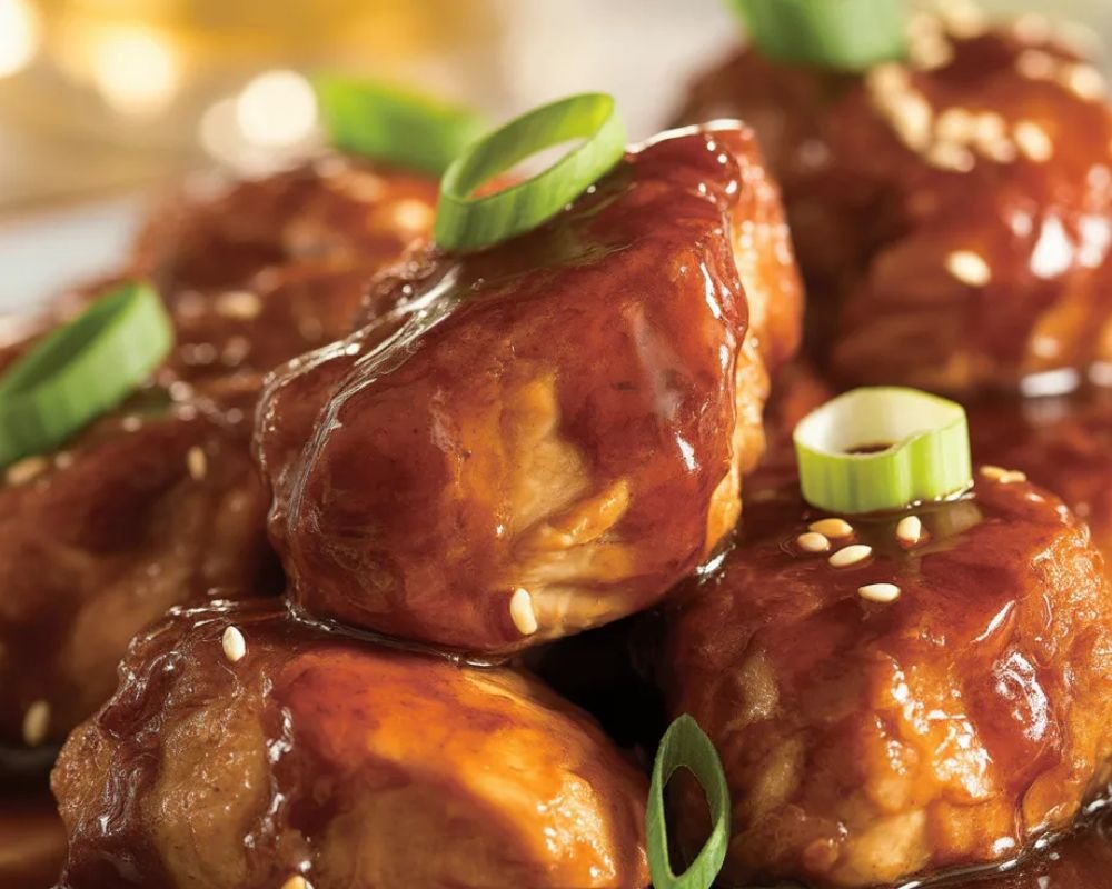 Close up of homemade bourbon chicken showing tender juicy pieces