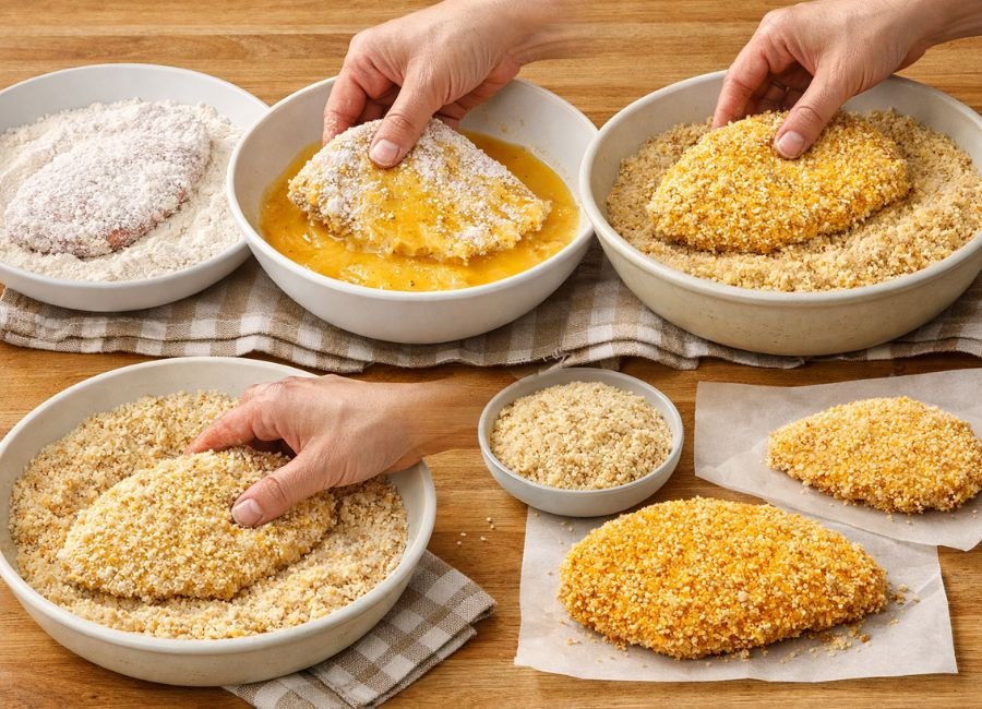 Double-coating chicken cutlet by dipping in flour, egg, and breadcrumbs for a crispy crust.