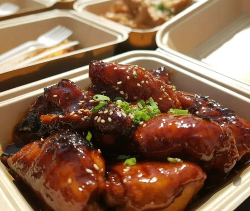 Bourbon chicken dish inspired by American Chinese food court style
