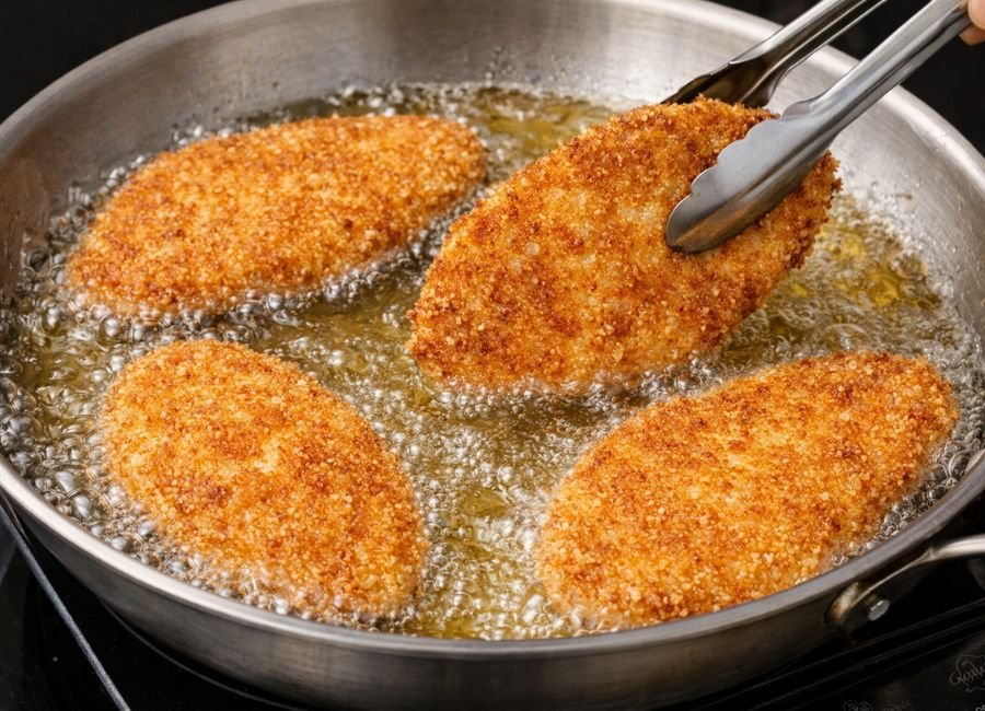 Chicken cutlets frying until golden and crispy.
