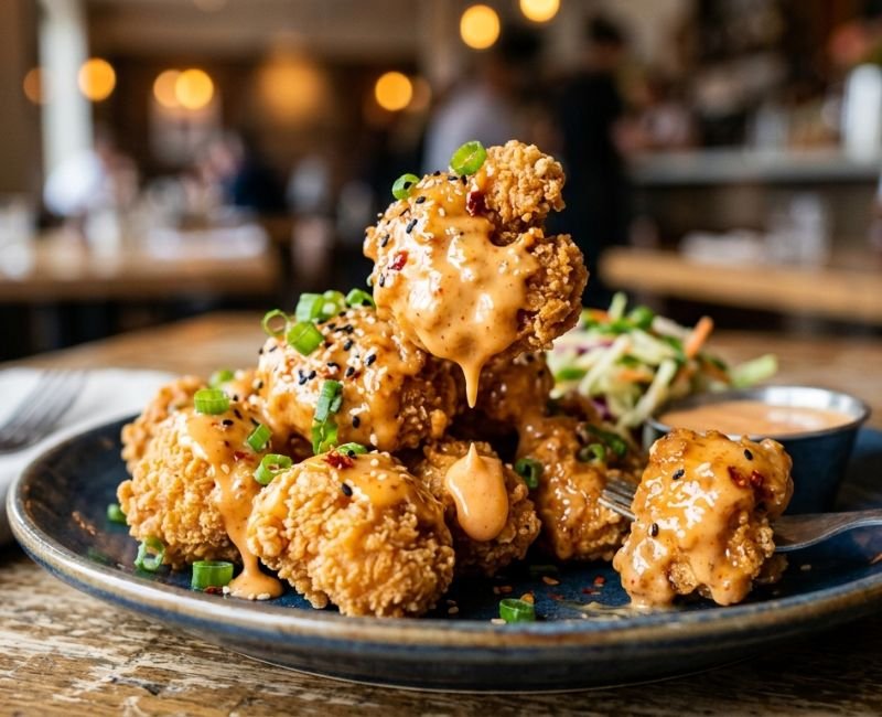crispy chicken with creamy spicy sauce plated"