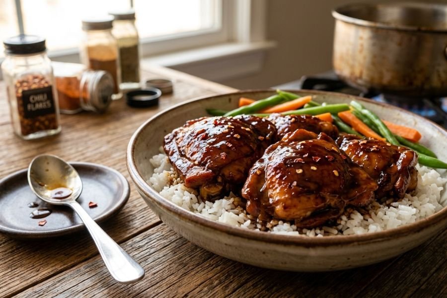 Perfectly cooked bourbon chicken with rich caramelized sauce
