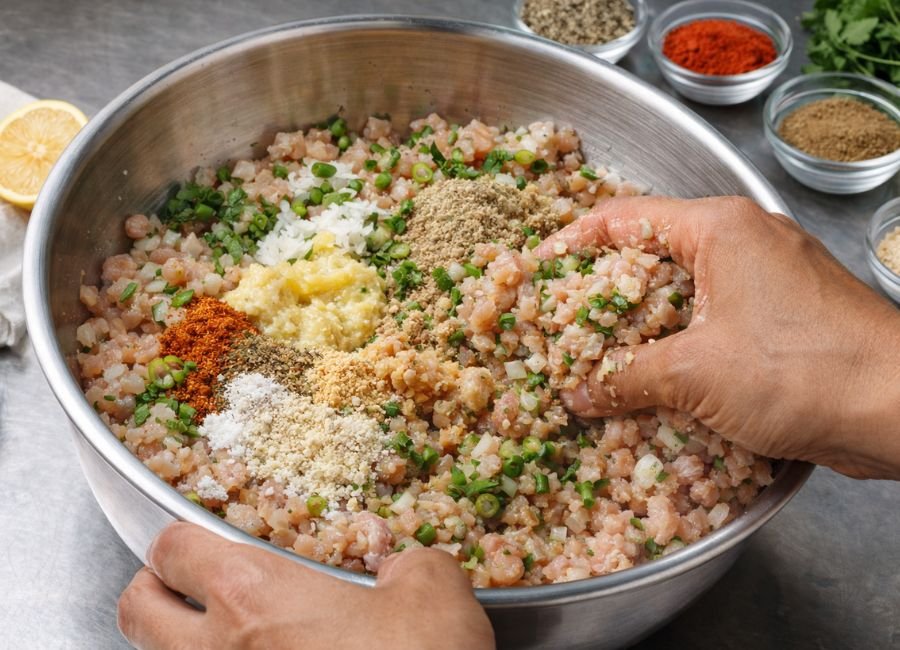 Mixing chicken filling with spices, herbs, and breadcrumbs in a bowl by hand.