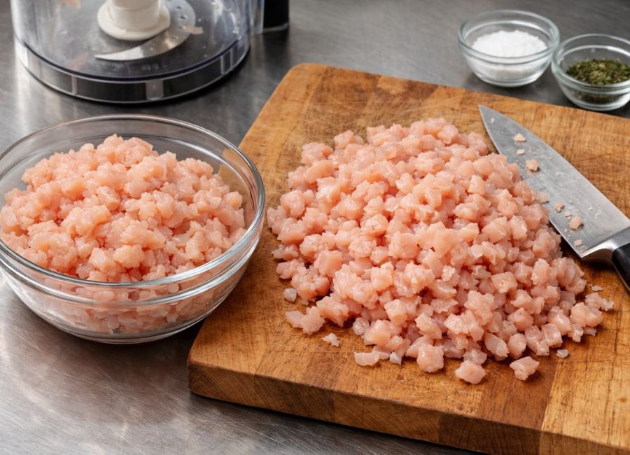 Chopped and minced raw chicken on a board and in a bowl.