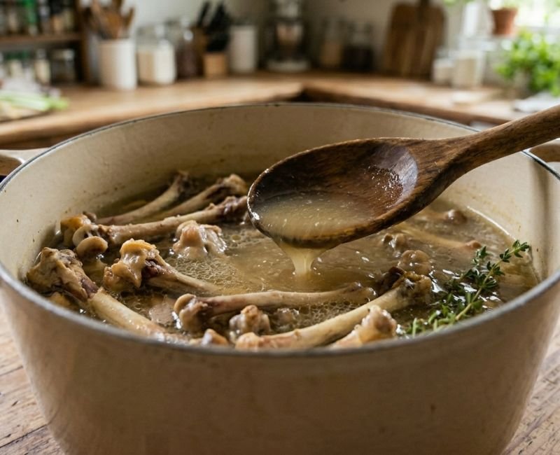 Raw chicken bones carcass and feet for making broth