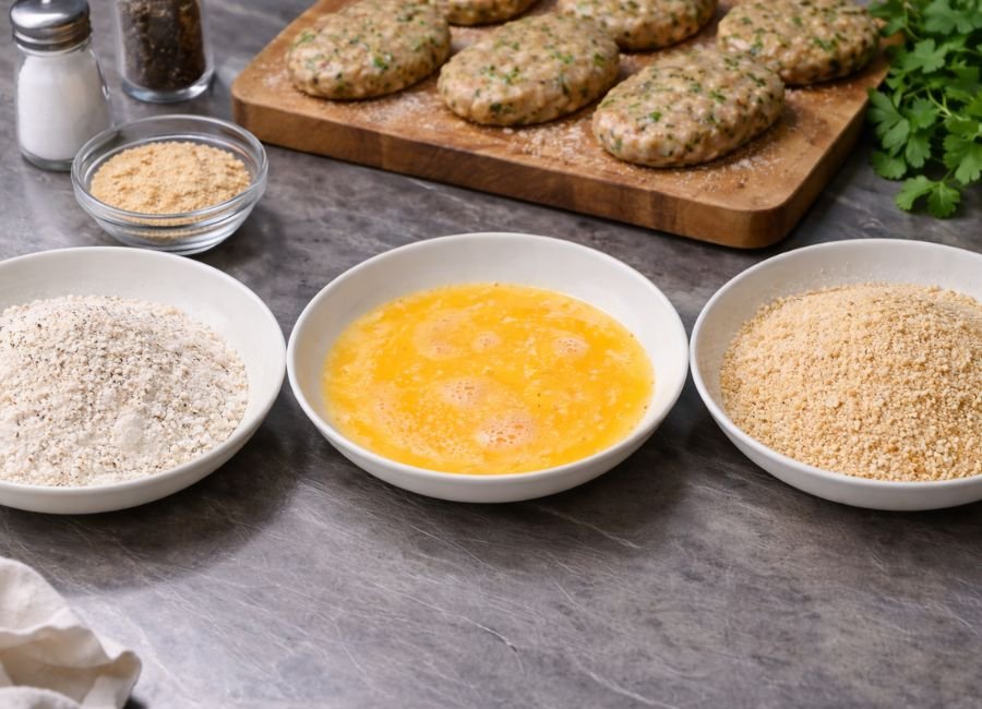 Three bowls with flour, beaten eggs, and breadcrumbs arranged for coating.