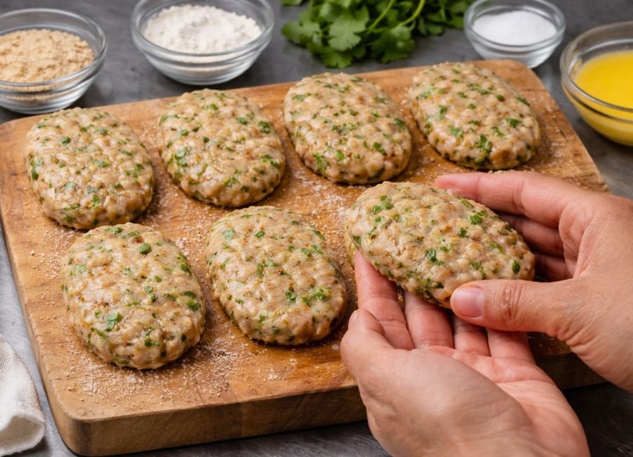 Hands shaping chicken mixture into oval cutlets on a board.