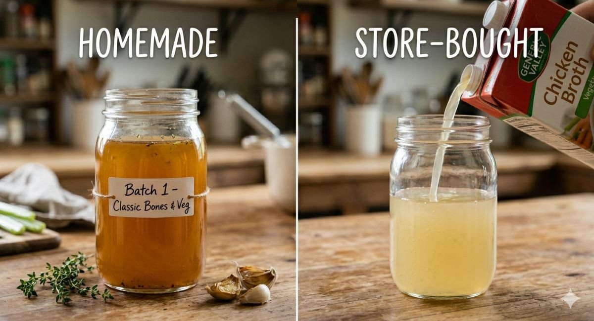 Comparison of homemade chicken broth and store bought broth in glass jars