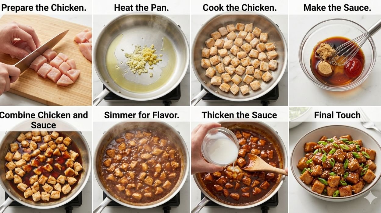Step 1: preparing chicken for bourbon recipe
Step 2: cooking chicken with bourbon sauce
Step 3: plated bourbon chicken