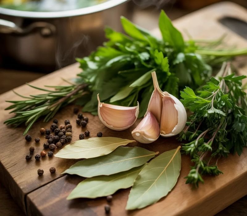 Fresh herbs garlic thyme parsley and bay leaves for chicken broth