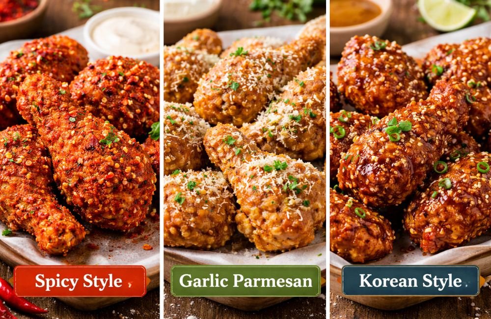 “Different flavored fried chicken drumsticks including spicy garlic parmesan and Korean style”