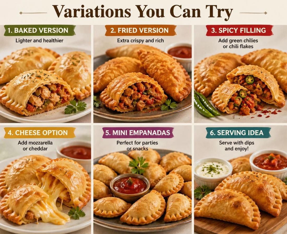 Empanada variations collage with baked, fried, spicy, cheesy, and mini options.