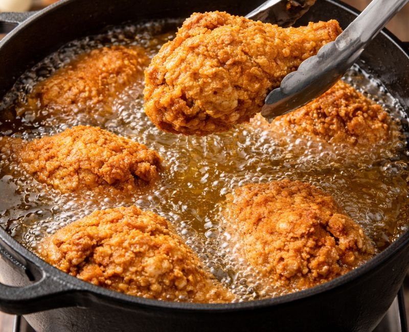 “Fried chicken drumsticks cooking in hot oil during deep frying process”