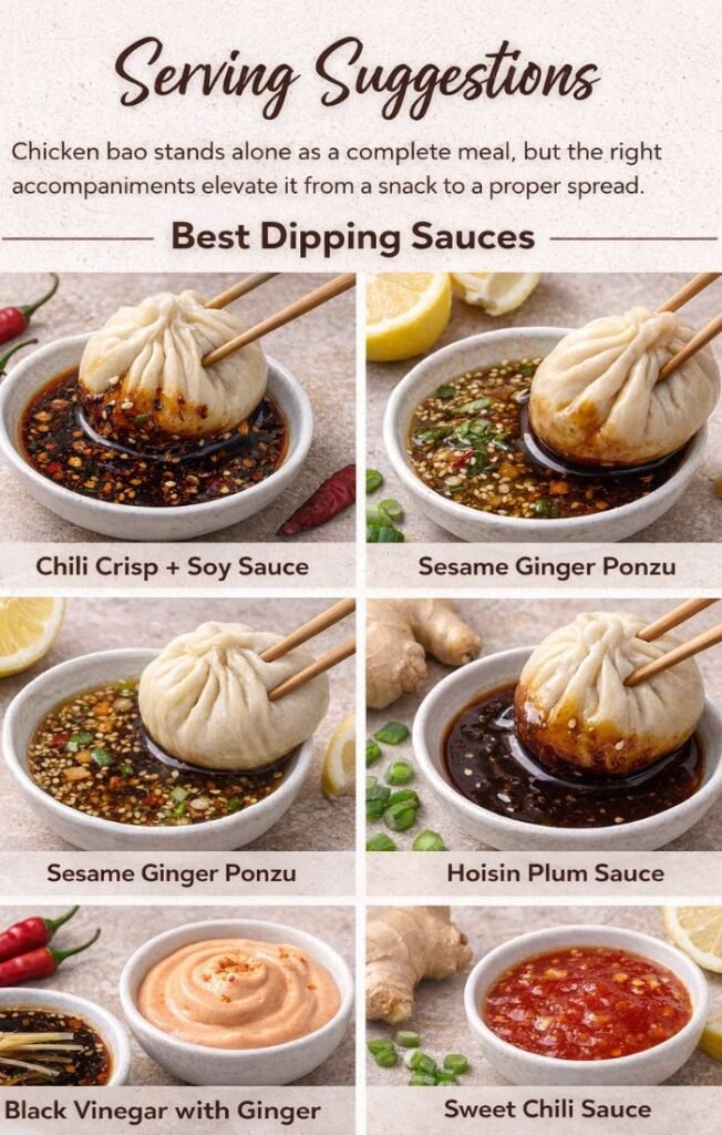 Chicken bao served with dipping sauces and side dishes