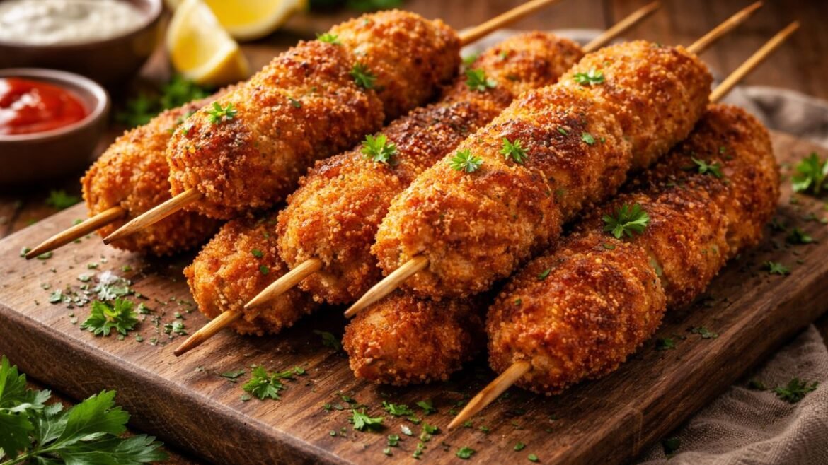 Golden breaded City Chicken skewers on a wooden board with fresh parsley, ready to serve