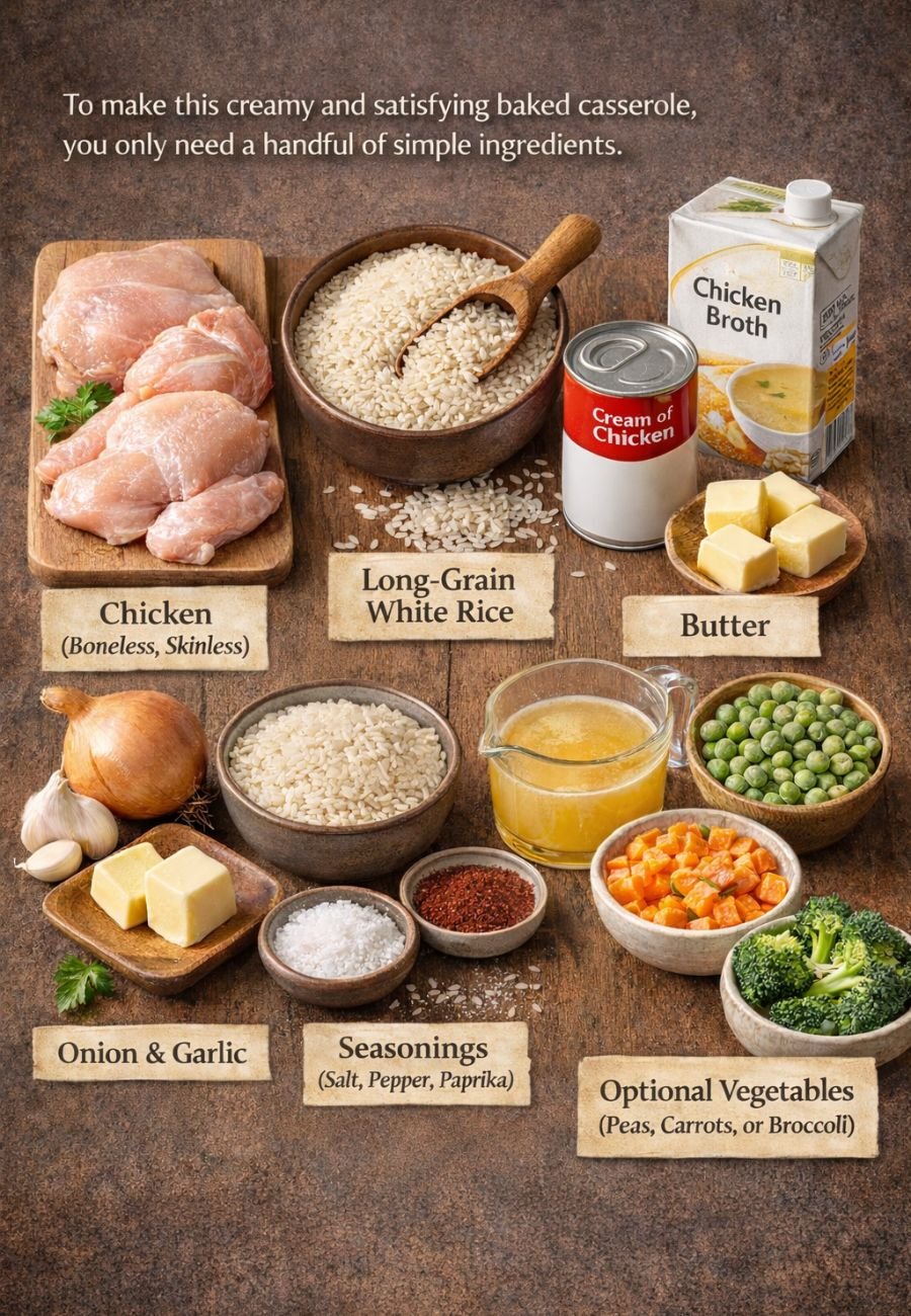 Raw ingredients for old fashioned chicken and rice casserole including rice, chicken, broth, and spices
