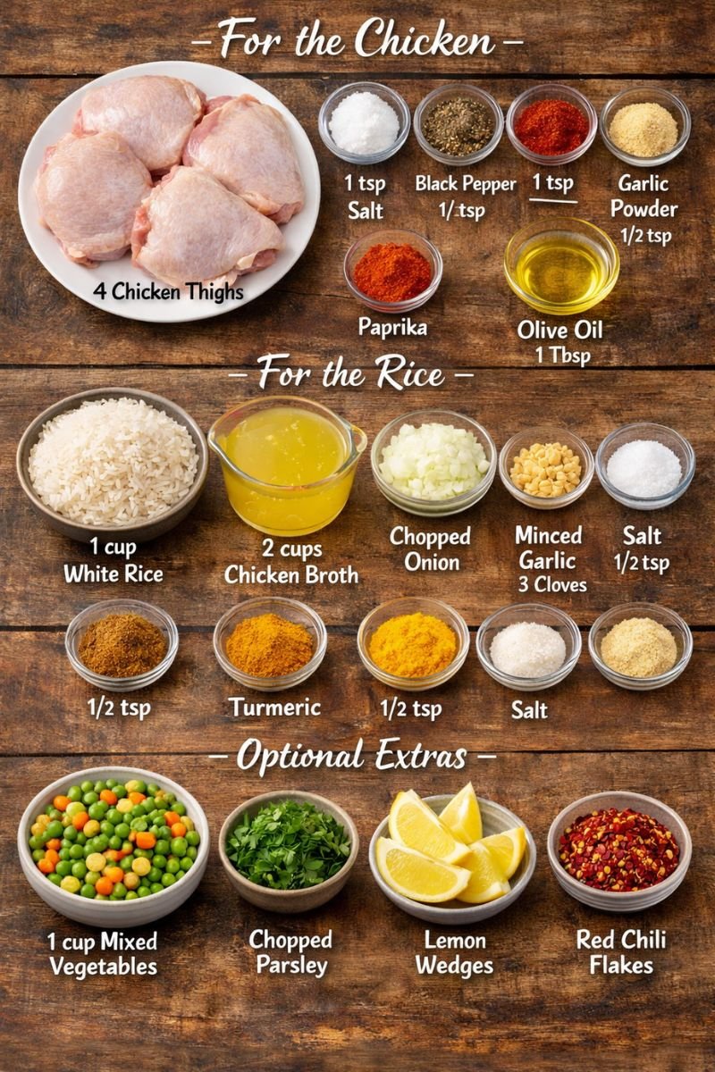 ingredients for one pan chicken and rice recipe