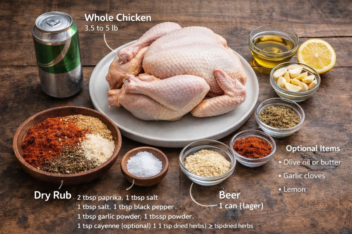 ingredients for beer can chicken recipe with spices and beer