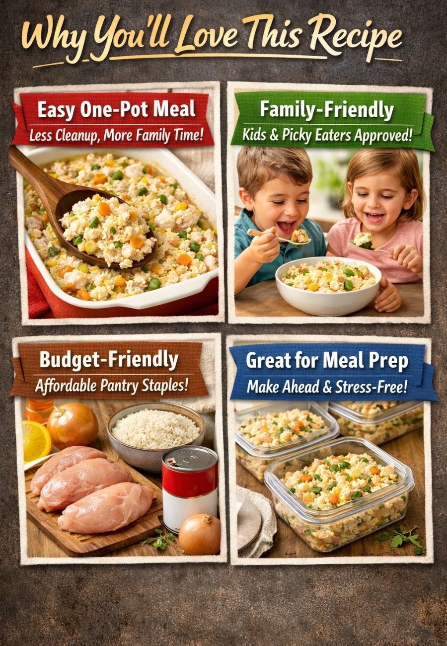 Easy one-pot chicken and rice casserole infographic showing key benefits