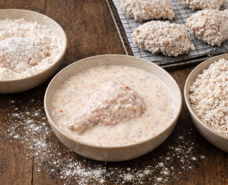 “Chicken drumsticks coated in seasoned flour for crispy coating before frying”