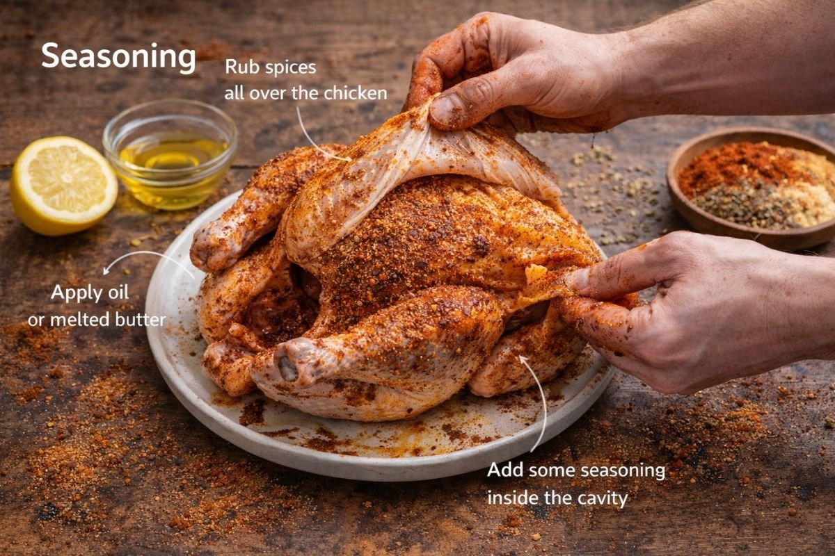 applying dry rub on whole chicken for beer can chicken
