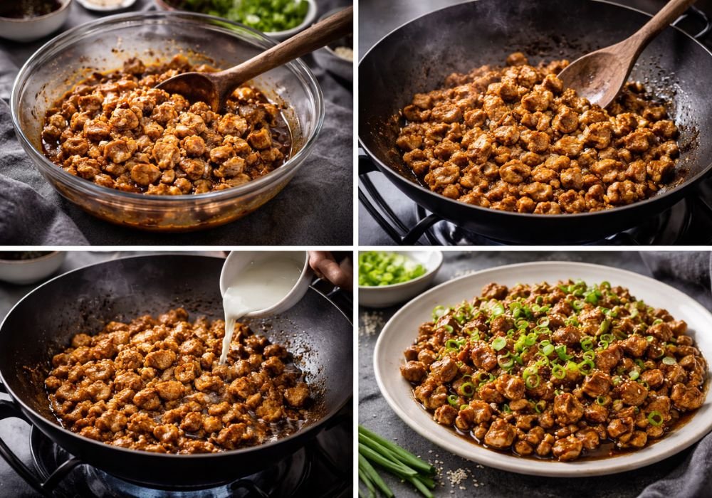 Step 1: kneading dough for chicken bao
Step 2: shaping chicken bao buns
Step 3: steaming soft fluffy chicken bao
Step 4: plated homemade chicken bao