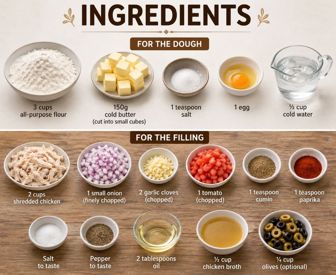 Ingredients for chicken pastry dough and filling