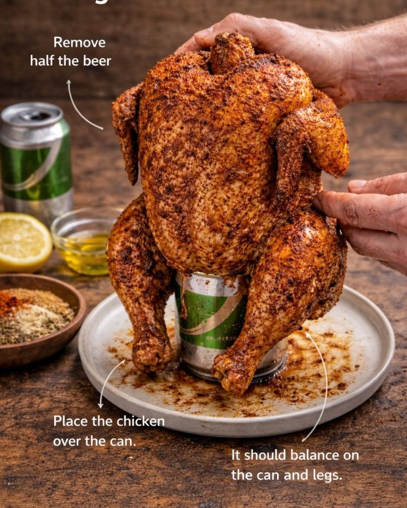 placing chicken on beer can for grilling upright
