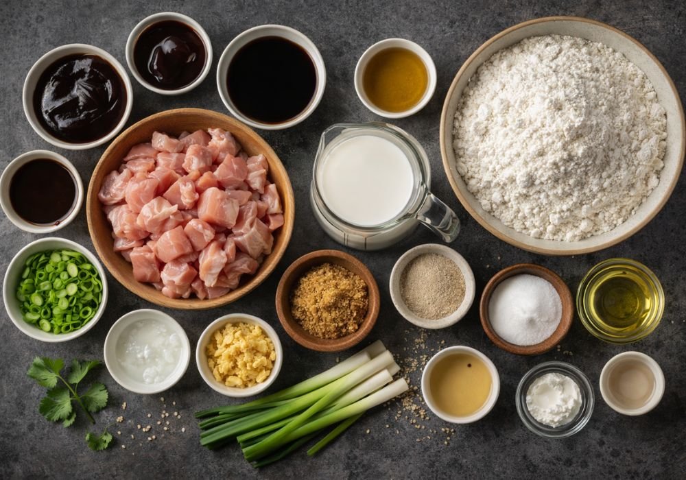 Chicken bao filling ingredients including sauces and spices