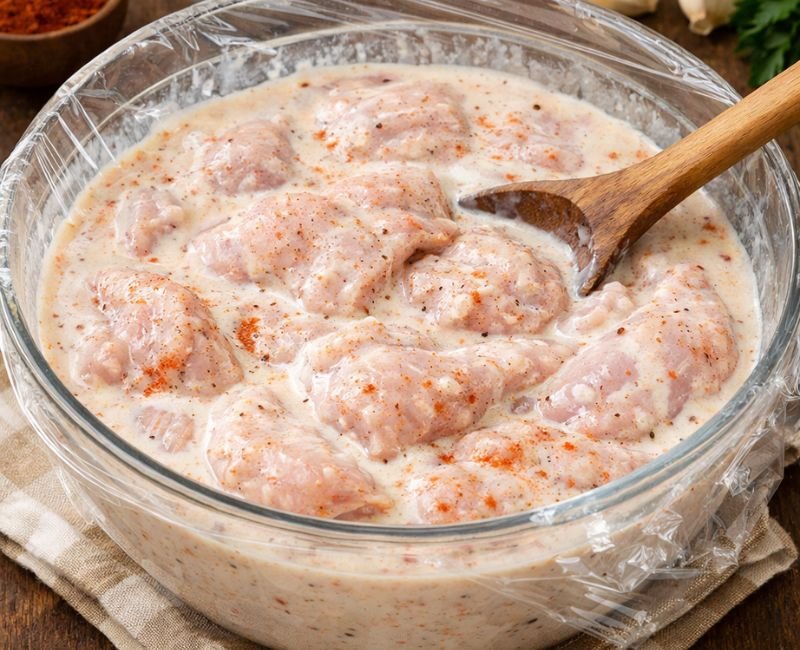 “Chicken drumsticks marinating in buttermilk with spices for juicy fried chicken”