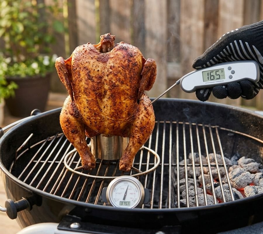 beer can chicken cooking on grill with indirect heat