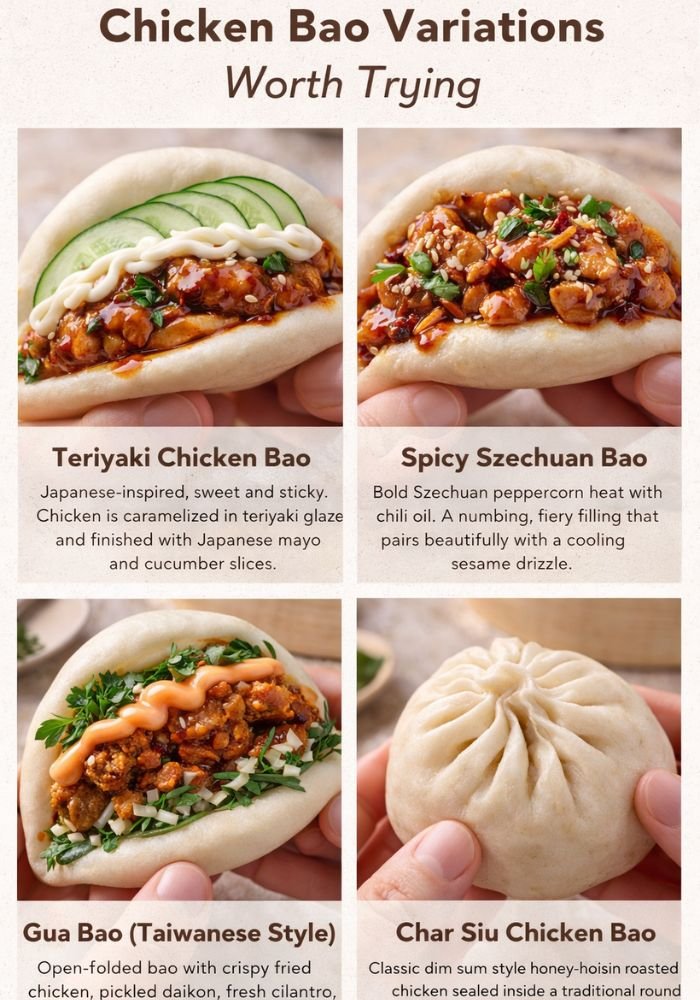 Different styles of chicken bao including spicy and teriyaki versions