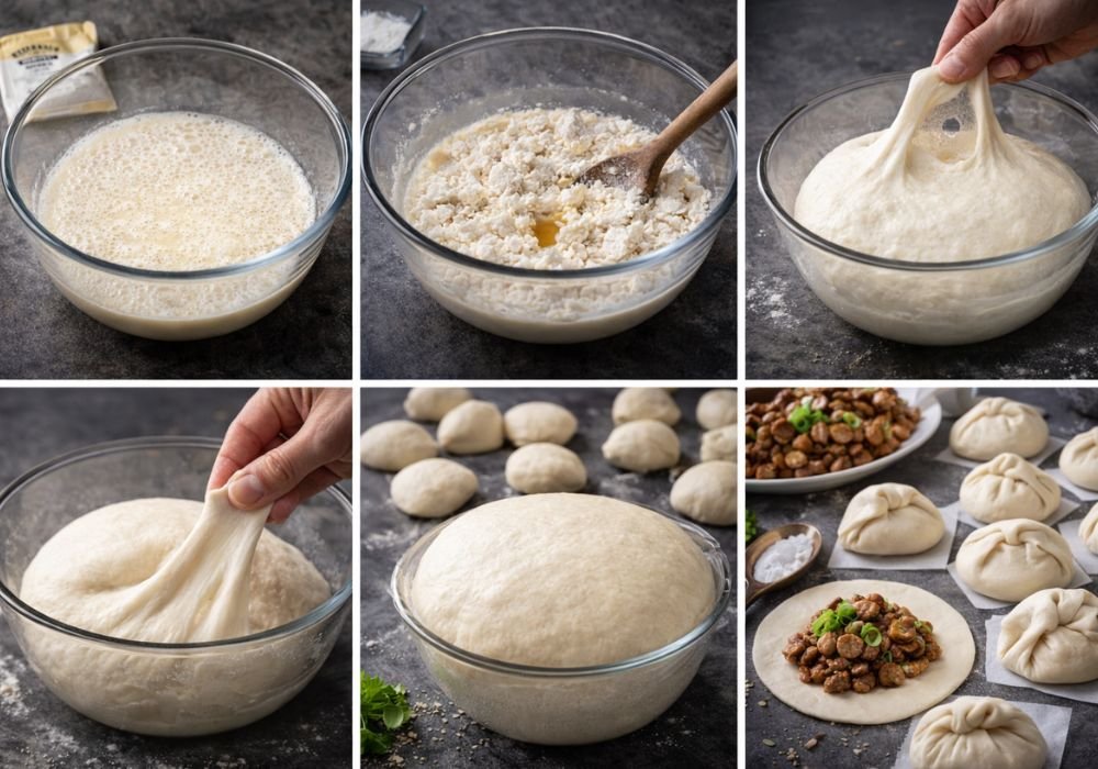 Kneading soft bao dough until smooth and elastic