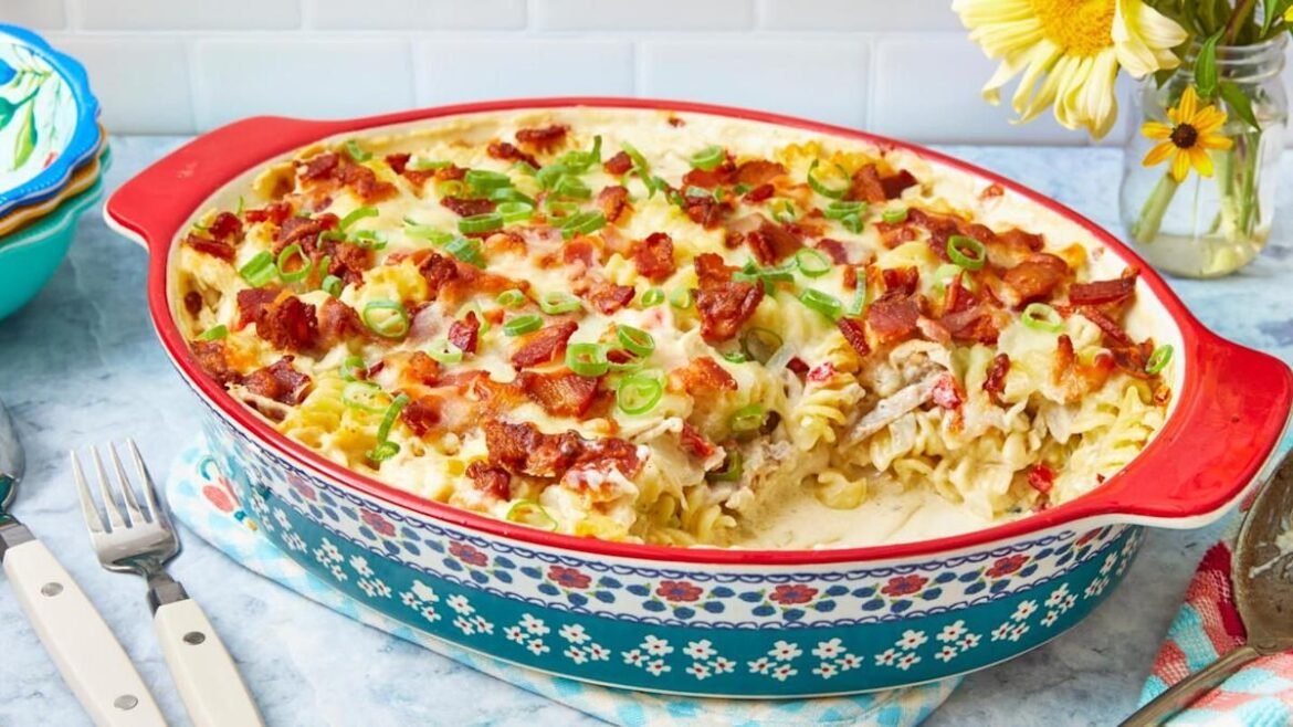 Creamy old fashioned chicken and rice casserole served in a baking dish as a comfort food dinner