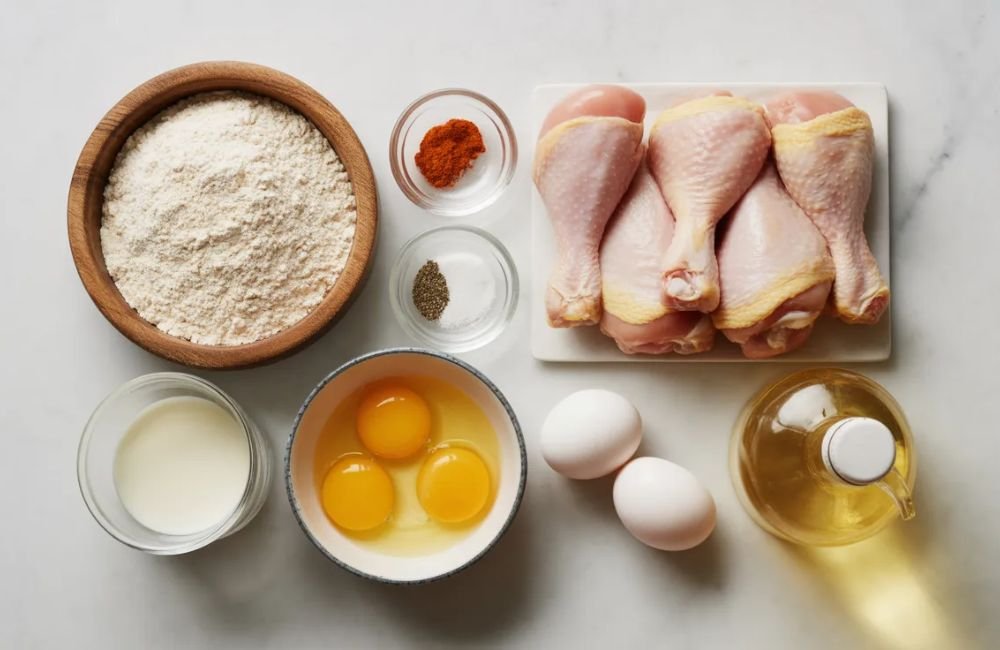 “Ingredients for fried chicken drumsticks including flour spices buttermilk and raw chicken”