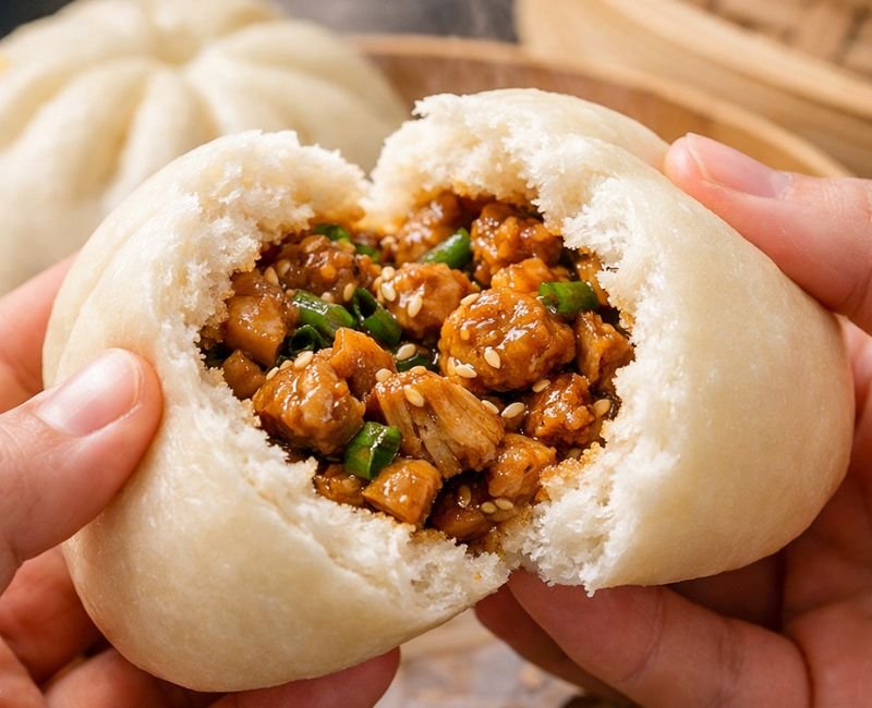 Soft and fluffy bao bun texture close-up