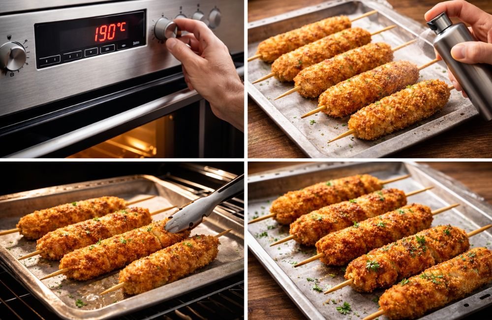 Baked City Chicken skewers turning golden in oven