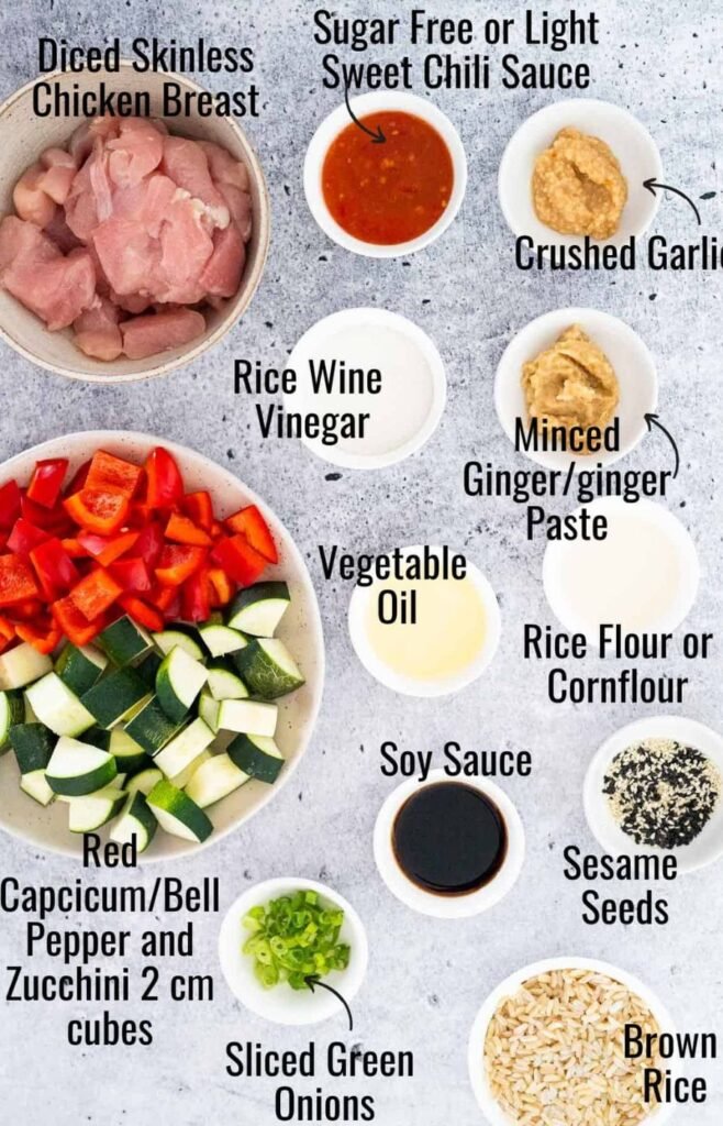 All ingredients neatly placed on table (flat lay)