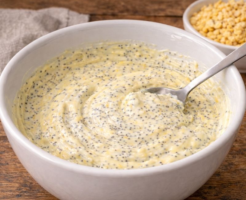 A bowl showing creamy sauce being mixed with chicken and poppy seeds.