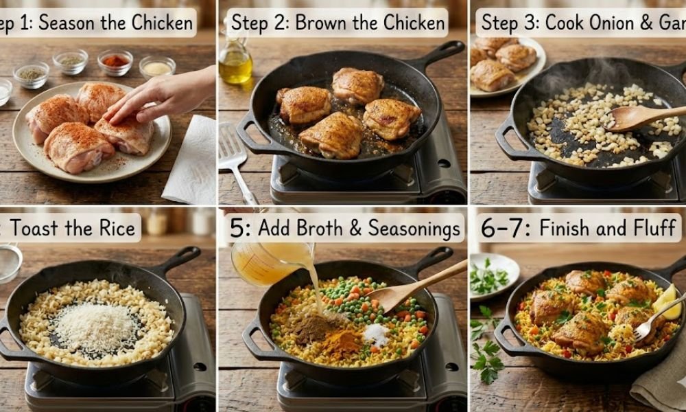 Step 1: preparing ingredients for one pan chicken rice
Step 2: cooking chicken with vegetables
Step 3: adding rice to the pan
Step 4: finished one pan chicken and rice on plate