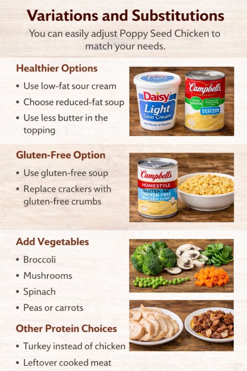 “Guide to poppy seed chicken variations with healthier, gluten-free, veggie, and protein options.”