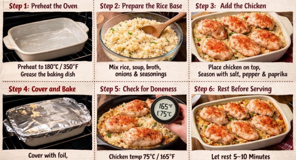 Mixing uncooked rice with cream of chicken soup and broth for baked casserole preparation
