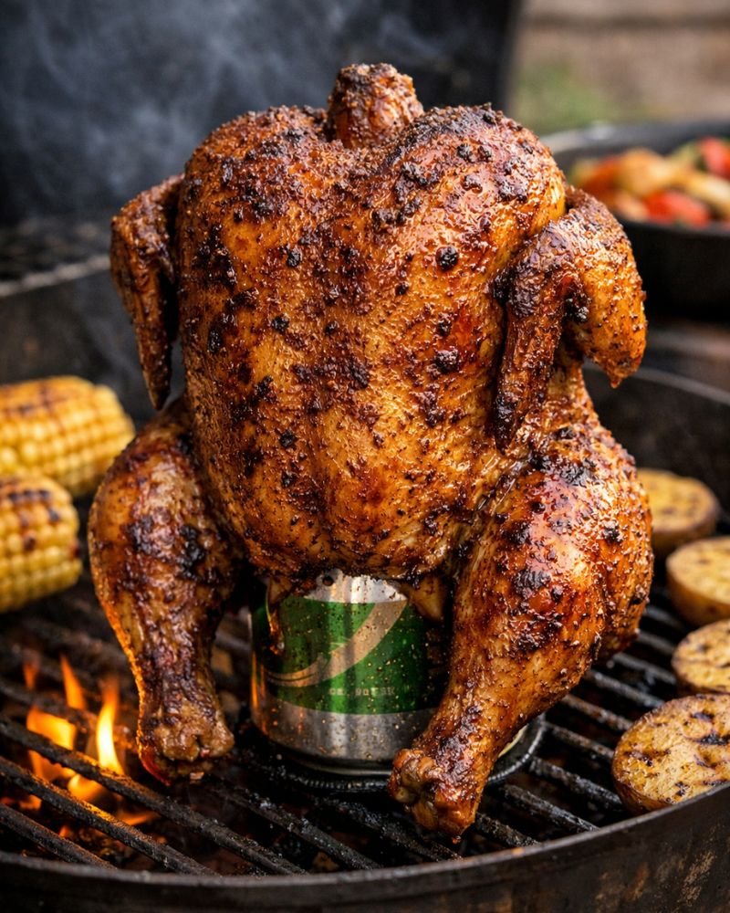 raw whole chicken on beer can before grilling